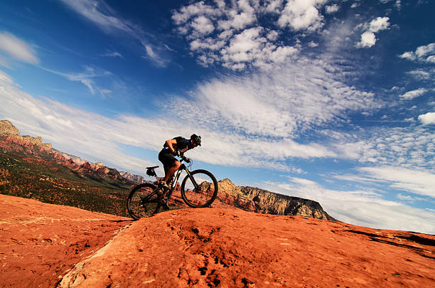 istock Mountain biker riding uphill in desert 533399999