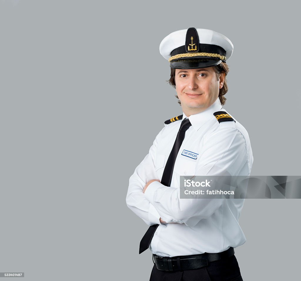 Captain Young captain posing at camera. Boat Captain Stock Photo