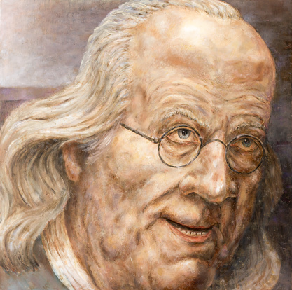 Ben Franklin in his 70s, speaking as an elder statesman. An original oil painting by Kim Crowley, fully released by the artist.
