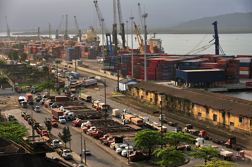 Santos, Brazil - September 16, 2011: Port of Santos with cargo ships and lift machines, Brazil's biggest seaport, once flourished by coffee export, Santos, Sao Paulo, Brazil
