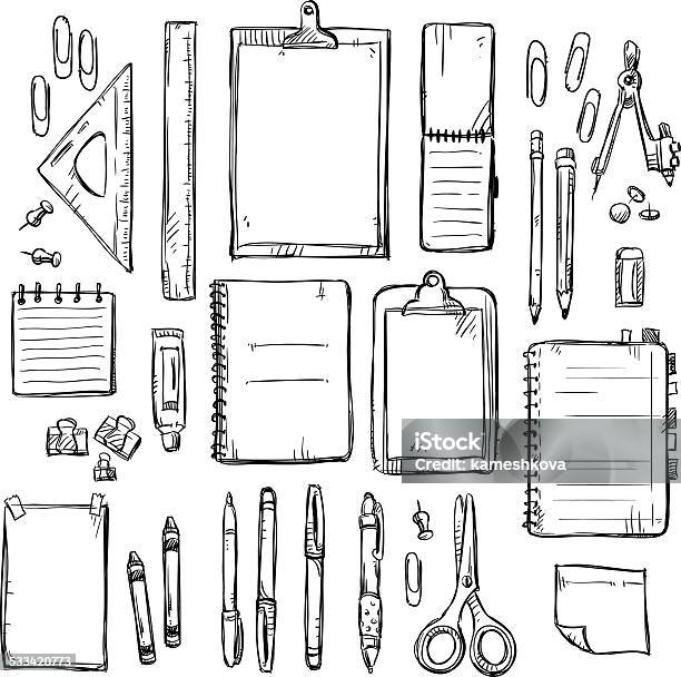 Set Of Stationery Drawings Vector Illustration Stock Illustration - Download Image Now - Note Pad, Sketch, Drawing - Art Product