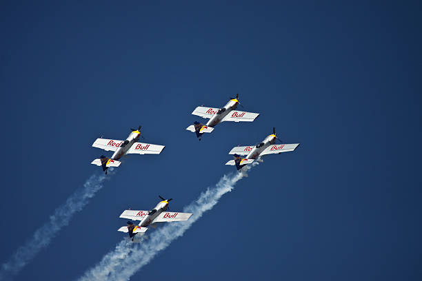 Bangalore, Karnataka, India – February 9, 2013: Flying Bulls Aerobatics Team performing synchronized flying formation with their Z-50LX aerobatic sports airplane built by the Czechoslovakian company Zlin Aircraft.