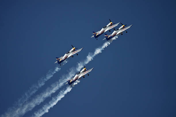 Bangalore, Karnataka, India – February 9, 2013: Flying Bulls Aerobatics Team performing synchronized flying formation with their Z-50LX aerobatic sports airplane built by the Czechoslovakian company Zlin Aircraft.