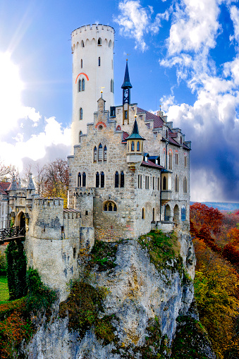 Lichtenstein, Germany - October 26, 2013:  On the Swabian Alb sits Lichtenstein Castle.  Twice it has been destroyed in the 1300's and rebuilt in 1840 to its current Neo-Gothic design..