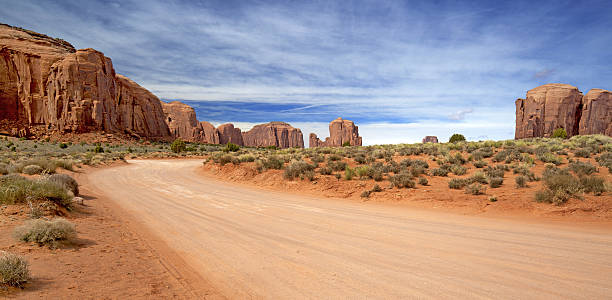 panoramica sporco strada nella valle del monumento - panoramic wild west desert scenics foto e immagini stock