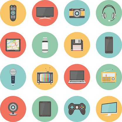 Flat icons set of multimedia and technology devices, audio and video items and objects. Isolated on white background. 