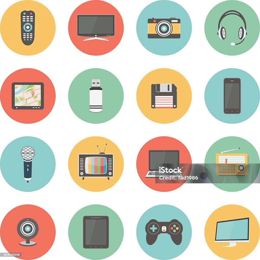 Technology colorful flat design icons set Flat icons set of multimedia and technology devices, audio and video items and objects. Isolated on white background.  Electronics Industry stock vector