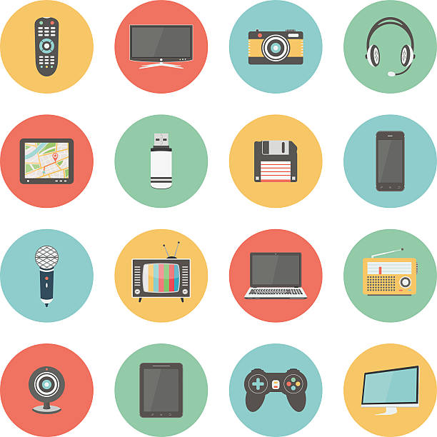 Technology colorful flat design icons set Flat icons set of multimedia and technology devices, audio and video items and objects. Isolated on white background.  electronics stock illustrations