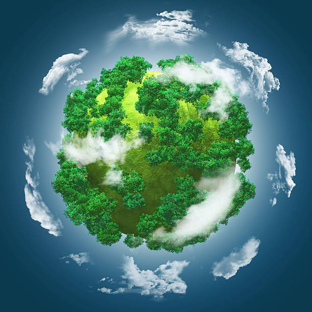 istock 3D grassy globe with trees against a blue cloudy sky 533434148