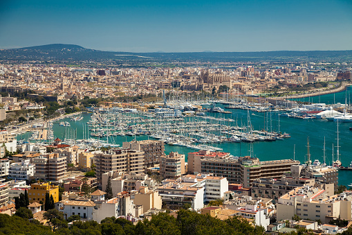 aerial view of the port and historical centre of Palma de Mallorca, Spain