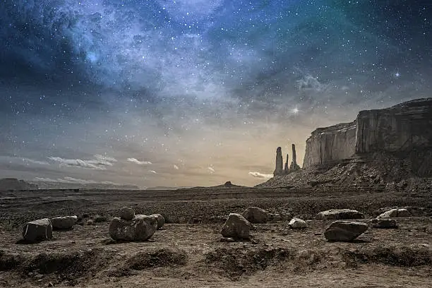 Photo of rocky desert landscape at dusk