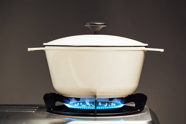 white cast iron saucepan on the gas stove