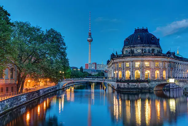 The Bodemuseum and the television tower in Berlin at dawn 