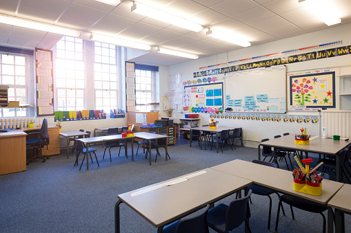A horizontal image of an empty primary school classroom. The setting is typically British.