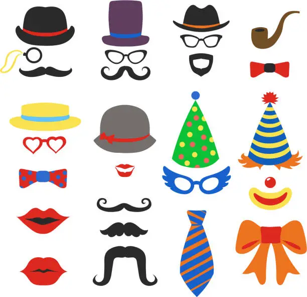 Vector illustration of Birthday party vector photo booth props - Glasses, hats, lips,