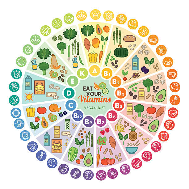 Vitamins food sources Vitamin vegan food sources and functions, rainbow wheel chart with food icons, healthy eating and healthcare concept vitamin a nutrient stock illustrations