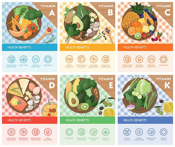 Food and vitamins Vitamin food sources and health benefits fact sheets, food on a chopping board and icons set, top view letter k kitchen alphabet stock illustrations