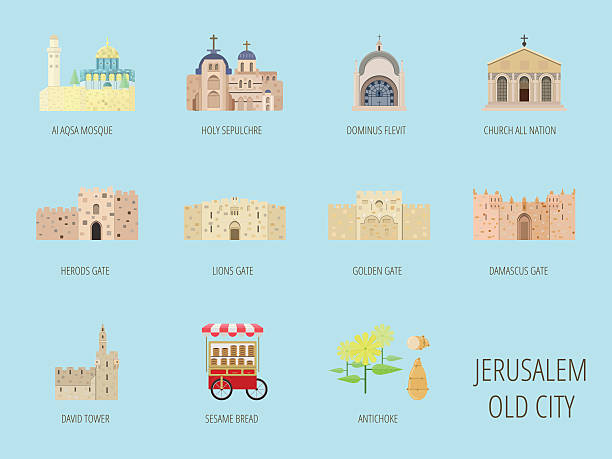 ilustrações, clipart, desenhos animados e ícones de jerusalém, cidade velha atração mesquita de al-aqsa, leões portão, com gergelim - jerusalem judaism david tower