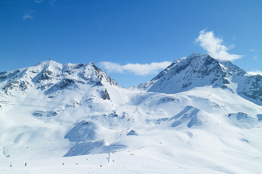 Winter snow Alps landscape with ski pistes