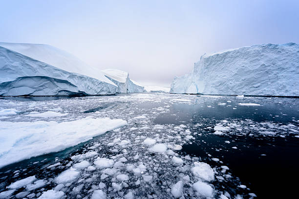 Beautiful Arctic Icebergs in the Greenland arctic sea. Arctic Icebergs in the clean arctic sea. On this image you can easily see that 1/10th of an iceberg is over the water surface, and 9/10th is below the water surface. Sometimes unbelievable that 90% of an iceberg is under water. West Greenland, 70 Degrees North. arctic stock pictures, royalty-free photos & images