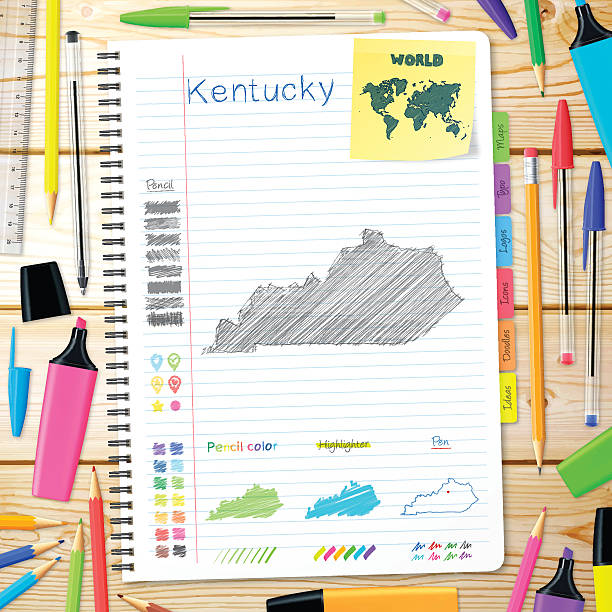 kentucky karten handgezeichnet auf notebook. hölzerner hintergrund - ruler ballpoint pen pen isolated stock-grafiken, -clipart, -cartoons und -symbole