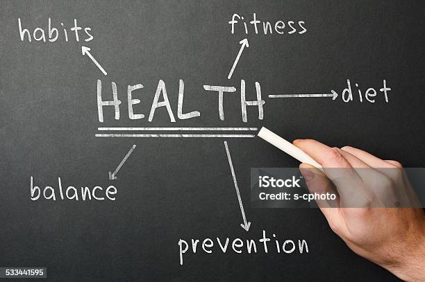 Concept Of Healthy Lifestyle Mens Hand Writing Health Diagram On The Blackboard Stock Photo - Download Image Now