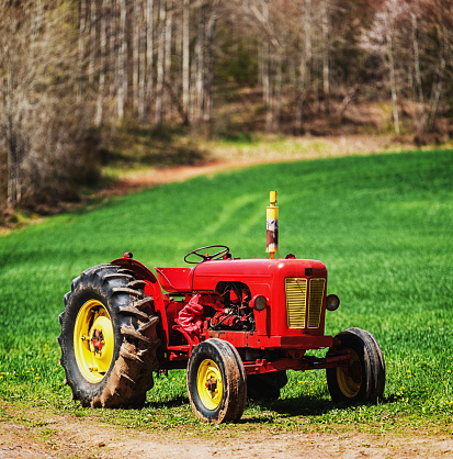 An antique tractor sits in Spring sunshine at the edge of a large field in Nova Scotia's Annapolis Valley.