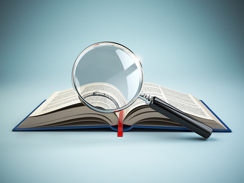 Library search. Loupe and book. Educational concept. 3d illustration