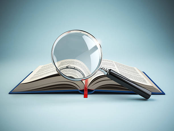 Library search. Loupe and book. Educational concept. Library search. Loupe and book. Educational concept. 3d illustration literature review stock pictures, royalty-free photos & images