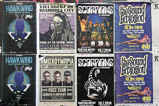 Athens, Greece - April 9, 2016: Concert posters for live music shows of hard rock by Hawkwind, Scorpions, Villagers of Ioannina City, garage punk by Sound Explosion and the Mongrelettes and hip-hop by Imiskoubria.