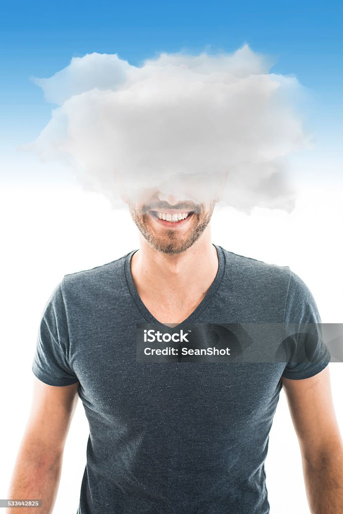 Young Bearded Man with Heads in the Clouds  Cloud Computing Stock Photo