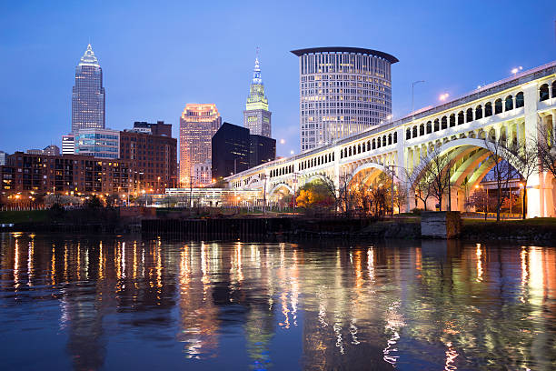 Cleveland Ohio Downtown City Skyline Cuyahoga River Spectacular color on the river downtown in Ohio cuyahoga river photos stock pictures, royalty-free photos & images