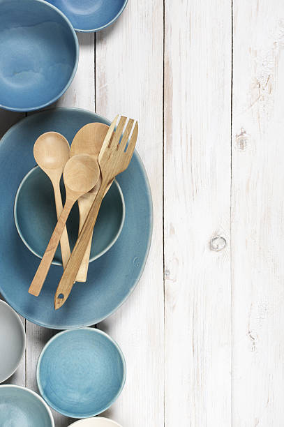 istock Blue crockery on white wood 533444780