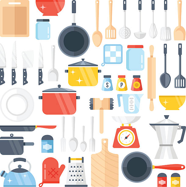 ilustraciones, imágenes clip art, dibujos animados e iconos de stock de vector de conjunto de herramientas de cocina. colección de utensilios de cocina. diseño plano ilustración de vectores - tienda de artículos de cocina