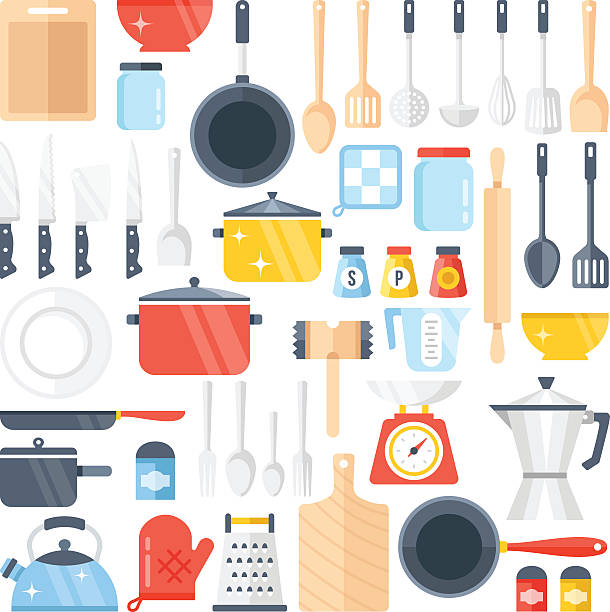 벡터 주방 도구 세트. 부엌 용품 비치 컬레션. 평편 디자인식 벡터 삽화 - kitchen utensil commercial kitchen domestic kitchen symbol stock illustrations