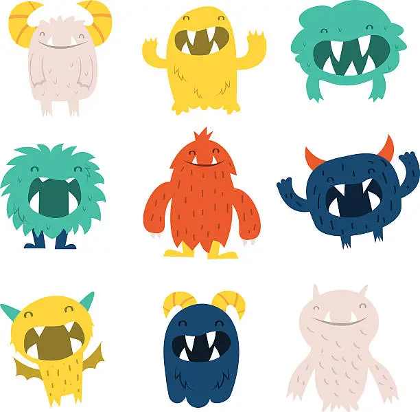 Vector illustration of Cute Furry Monsters Set