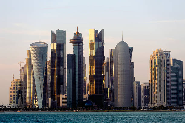 skyline of Doha 2015, at sunset stock photo