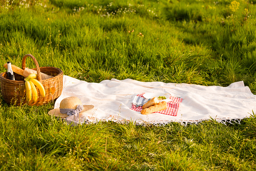 Blanket with different products on green grass, top view. Summer picnic