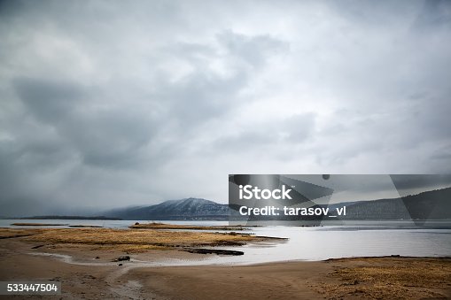 istock Overcast landscape. River and mountans. 533447504