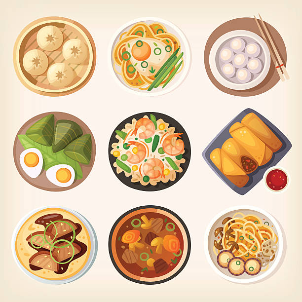 Chinese cuisine Chinese street, restaraunt or homemade food icons for ethnic menu chinese food stock illustrations