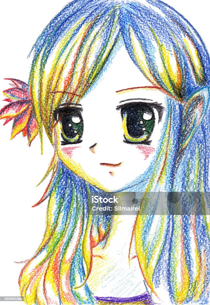 Desenho animado no estilo kawaii de uma linda garota com cabelo