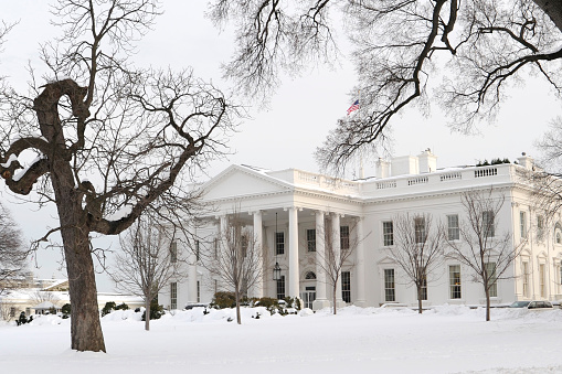 The White House in Washington, DC after a snowfall.