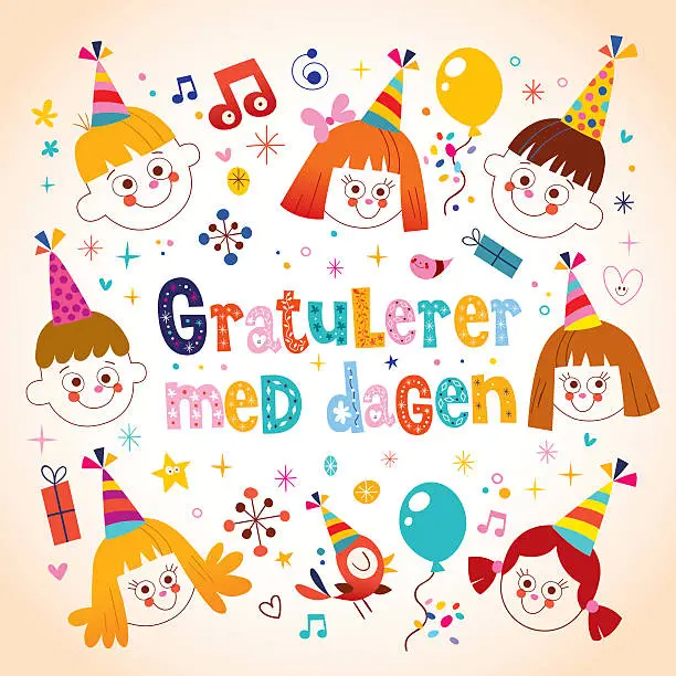 Vector illustration of Gratulerer med dagen Happy Birthday in Norwegian kids greeting card