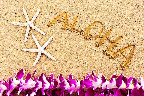 The Hawaiian greeting of hello "aloha" written on the sandy beach of Hawaii, greeting vacationers to the islands. Photographed with starfishes and orchid lei. 