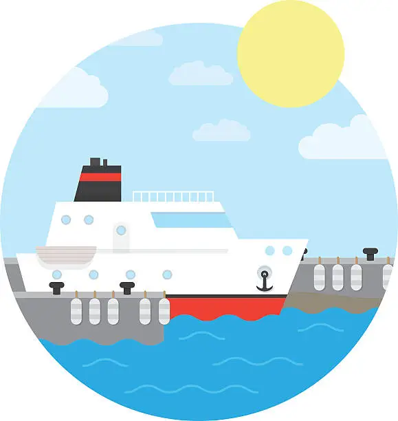 Vector illustration of Cruise ship in the port. Yacht on the water. Vector