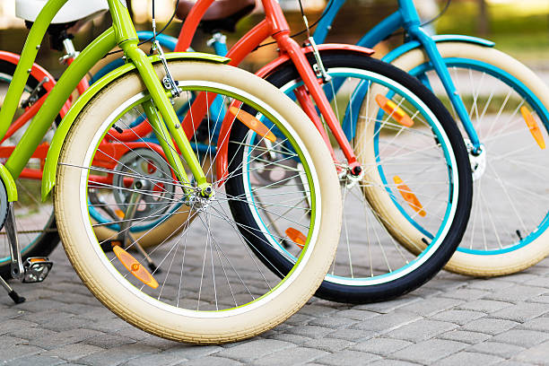 istock Three beautiful lady city bikes 533457896