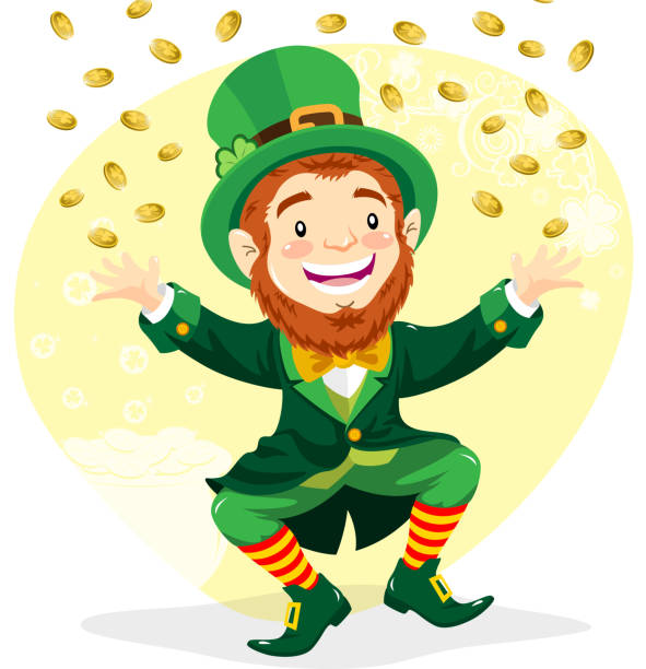 ilustraciones, imágenes clip art, dibujos animados e iconos de stock de duende irlandés con monedas de oro - st patricks day irish culture child leprechaun