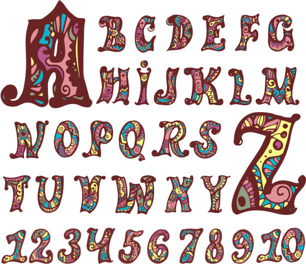 요정 알파벳 및 숫자 - decoration fairy tale alphabet abstract stock illustrations