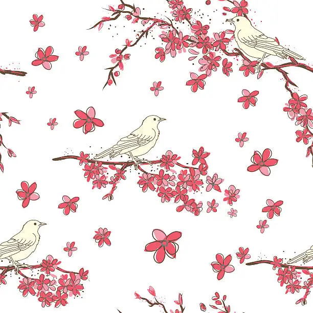 Vector illustration of Hand Drawn Cherry Blossoms And Birds Tree Seamless Pattern