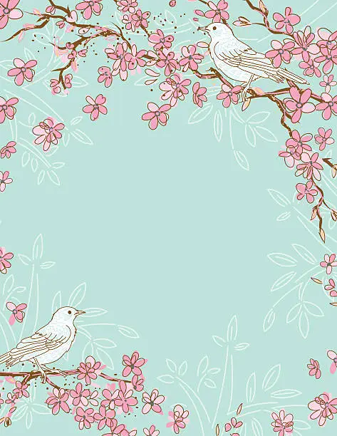 Vector illustration of Hand Drawn Cherry Blossoms And Birds Tree Background